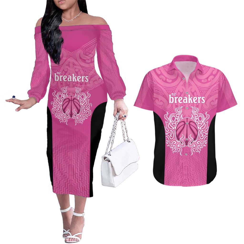 New Zealand Custom Couples Matching Off The Shoulder Long Sleeve Dress and Hawaiian Shirt Fire Basketball Maori Tribal Pink - Aussie Hoodie