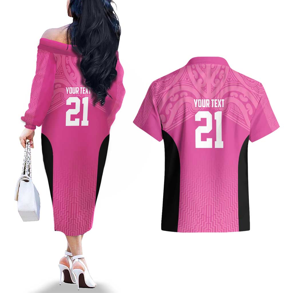 New Zealand Custom Couples Matching Off The Shoulder Long Sleeve Dress and Hawaiian Shirt Fire Basketball Maori Tribal Pink - Aussie Hoodie