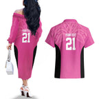 New Zealand Custom Couples Matching Off The Shoulder Long Sleeve Dress and Hawaiian Shirt Fire Basketball Maori Tribal Pink - Aussie Hoodie