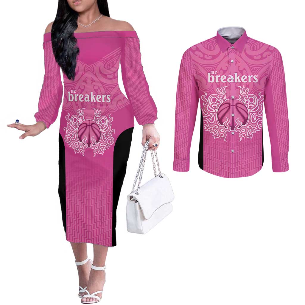 New Zealand Custom Couples Matching Off The Shoulder Long Sleeve Dress and Long Sleeve Button Shirt Fire Basketball Maori Tribal Pink - Aussie Hoodie
