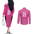 New Zealand Custom Couples Matching Off The Shoulder Long Sleeve Dress and Long Sleeve Button Shirt Fire Basketball Maori Tribal Pink - Aussie Hoodie