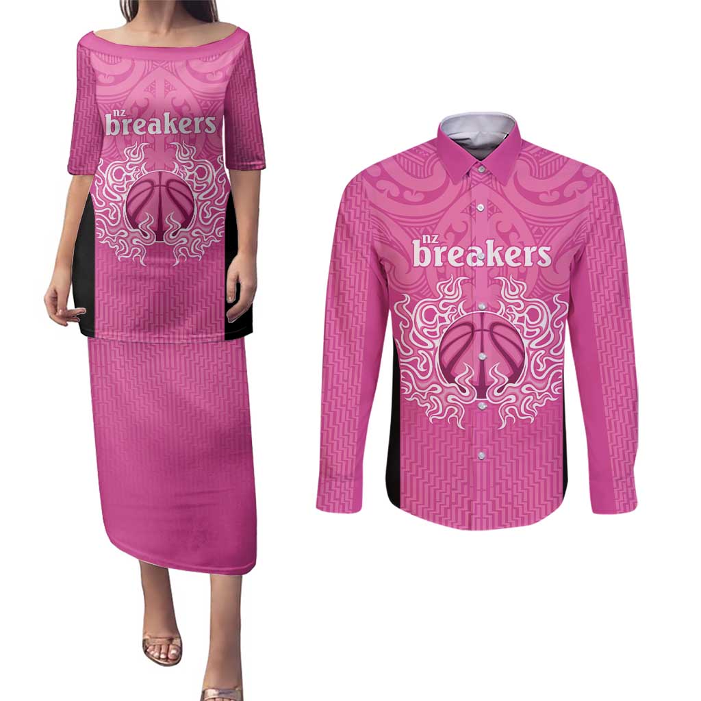 New Zealand Custom Couples Matching Puletasi and Long Sleeve Button Shirt Fire Basketball Maori Tribal Pink - Aussie Hoodie