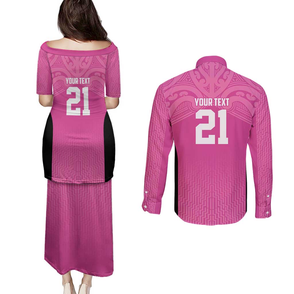 New Zealand Custom Couples Matching Puletasi and Long Sleeve Button Shirt Fire Basketball Maori Tribal Pink - Aussie Hoodie
