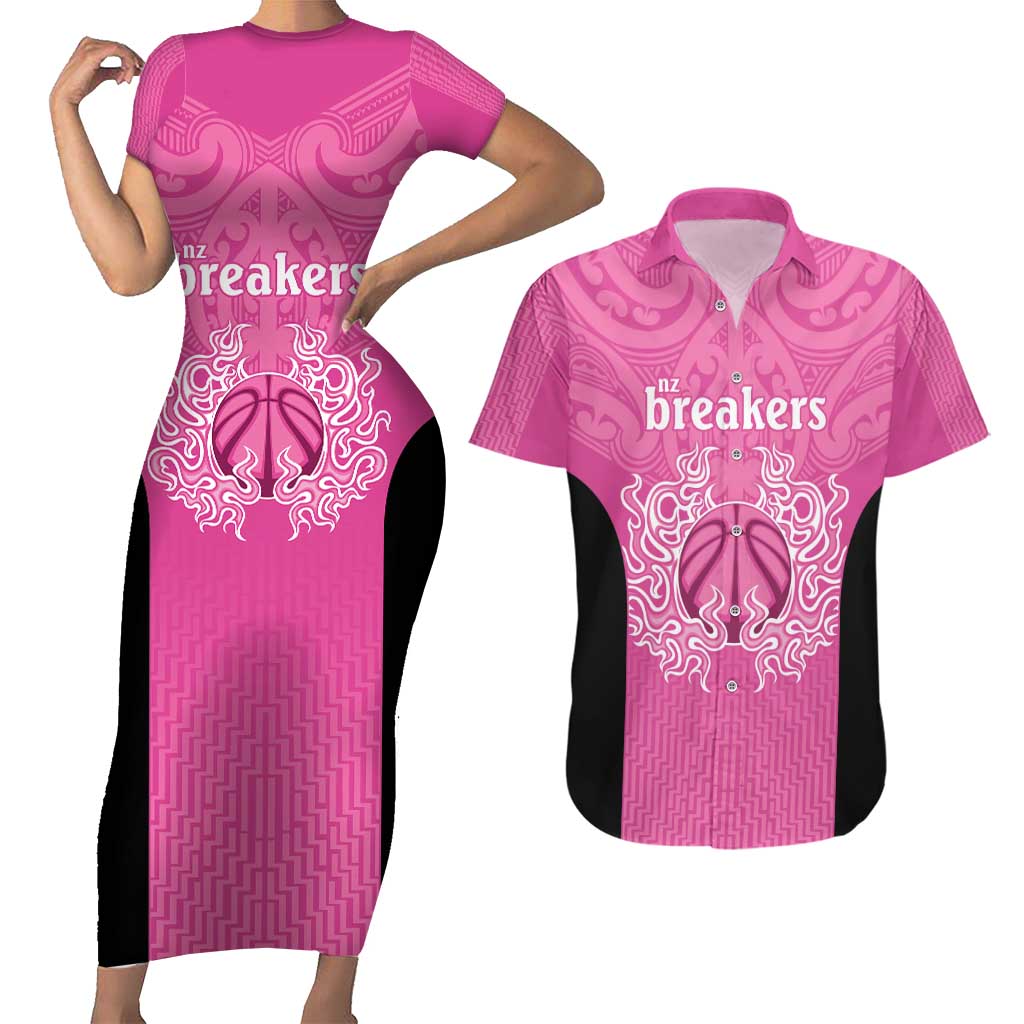 New Zealand Custom Couples Matching Short Sleeve Bodycon Dress and Hawaiian Shirt Fire Basketball Maori Tribal Pink - Aussie Hoodie