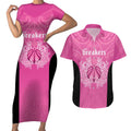 New Zealand Custom Couples Matching Short Sleeve Bodycon Dress and Hawaiian Shirt Fire Basketball Maori Tribal Pink - Aussie Hoodie