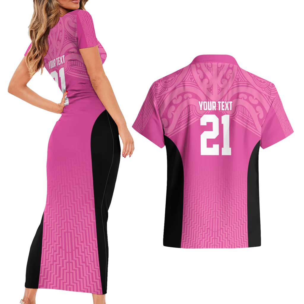New Zealand Custom Couples Matching Short Sleeve Bodycon Dress and Hawaiian Shirt Fire Basketball Maori Tribal Pink - Aussie Hoodie