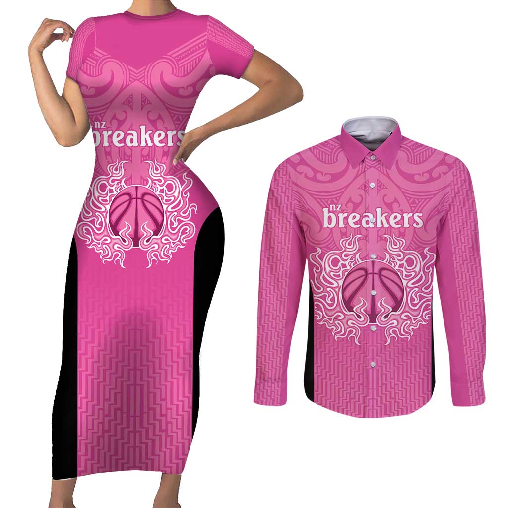 New Zealand Custom Couples Matching Short Sleeve Bodycon Dress and Long Sleeve Button Shirt Fire Basketball Maori Tribal Pink - Aussie Hoodie