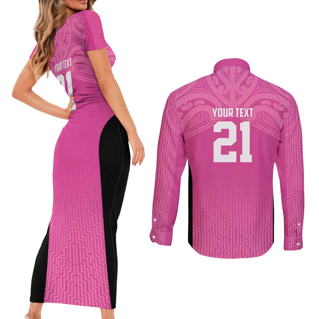 New Zealand Custom Couples Matching Short Sleeve Bodycon Dress and Long Sleeve Button Shirt Fire Basketball Maori Tribal Pink - Aussie Hoodie