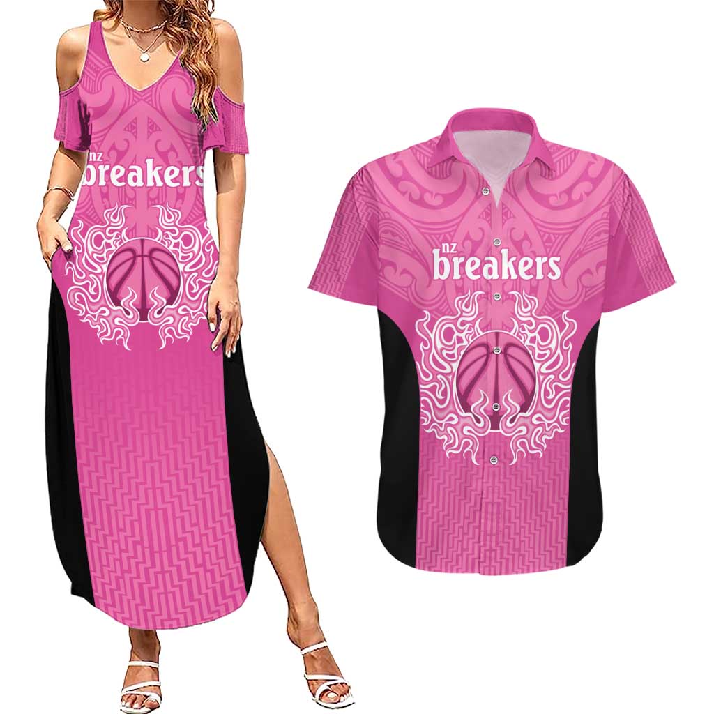 New Zealand Custom Couples Matching Summer Maxi Dress and Hawaiian Shirt Fire Basketball Maori Tribal Pink - Aussie Hoodie