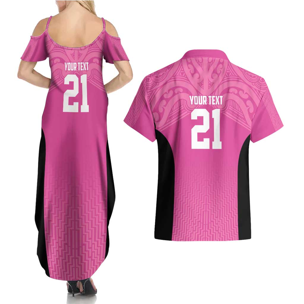 New Zealand Custom Couples Matching Summer Maxi Dress and Hawaiian Shirt Fire Basketball Maori Tribal Pink - Aussie Hoodie
