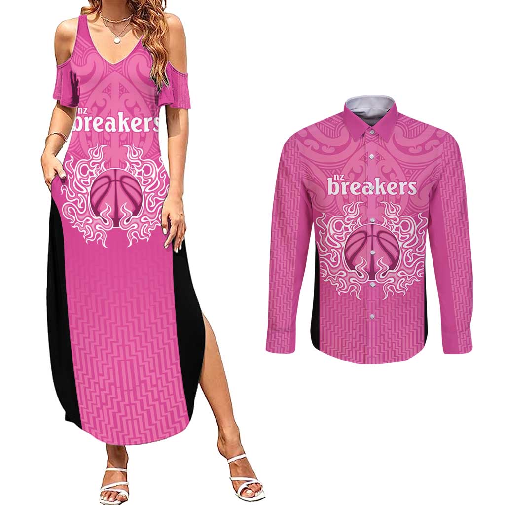 New Zealand Custom Couples Matching Summer Maxi Dress and Long Sleeve Button Shirt Fire Basketball Maori Tribal Pink - Aussie Hoodie