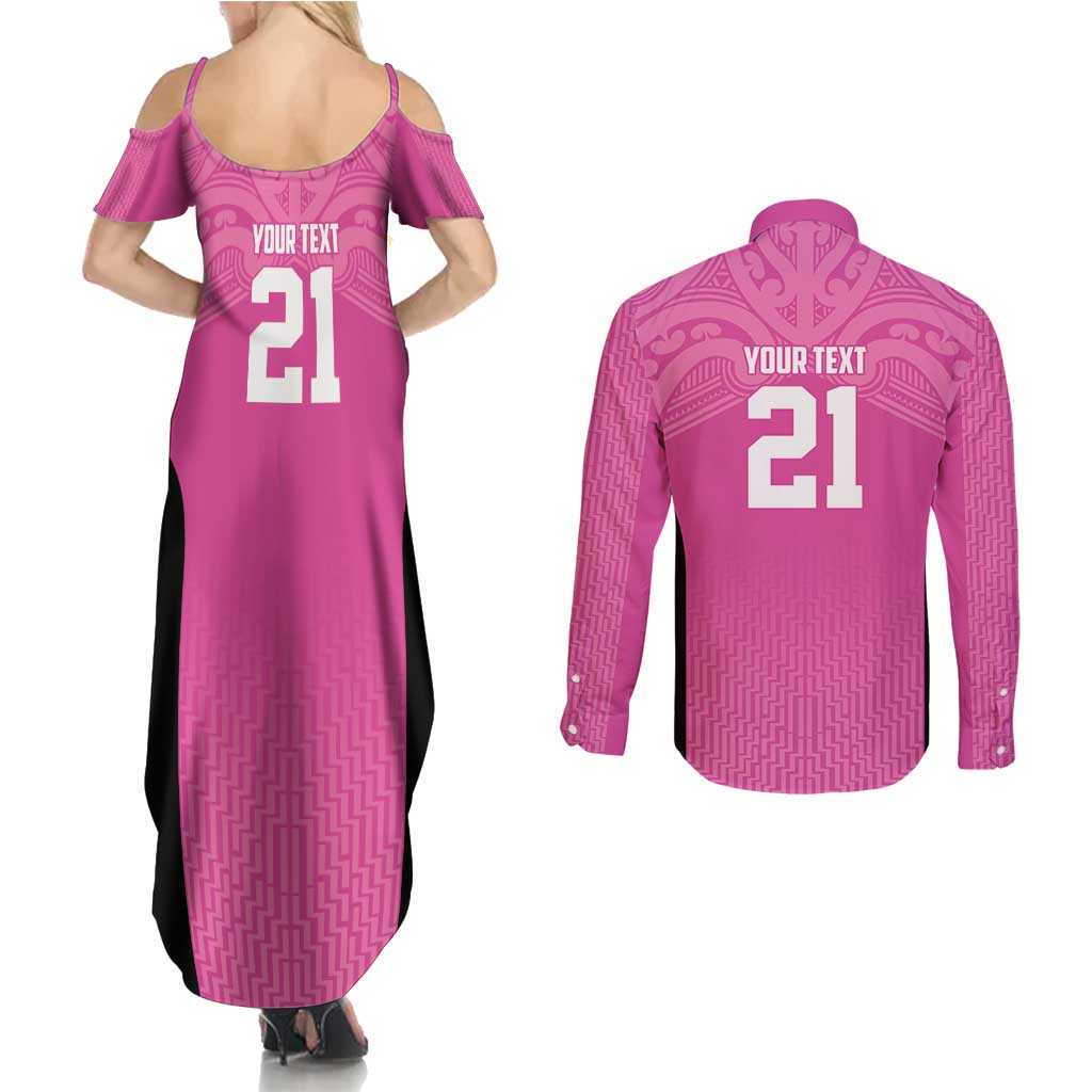New Zealand Custom Couples Matching Summer Maxi Dress and Long Sleeve Button Shirt Fire Basketball Maori Tribal Pink - Aussie Hoodie