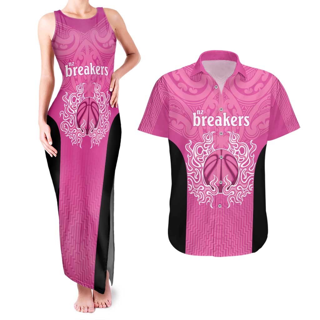 New Zealand Custom Couples Matching Tank Maxi Dress and Hawaiian Shirt Fire Basketball Maori Tribal Pink - Aussie Hoodie