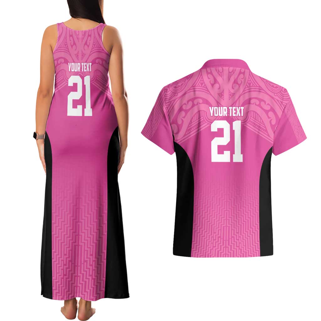 New Zealand Custom Couples Matching Tank Maxi Dress and Hawaiian Shirt Fire Basketball Maori Tribal Pink - Aussie Hoodie