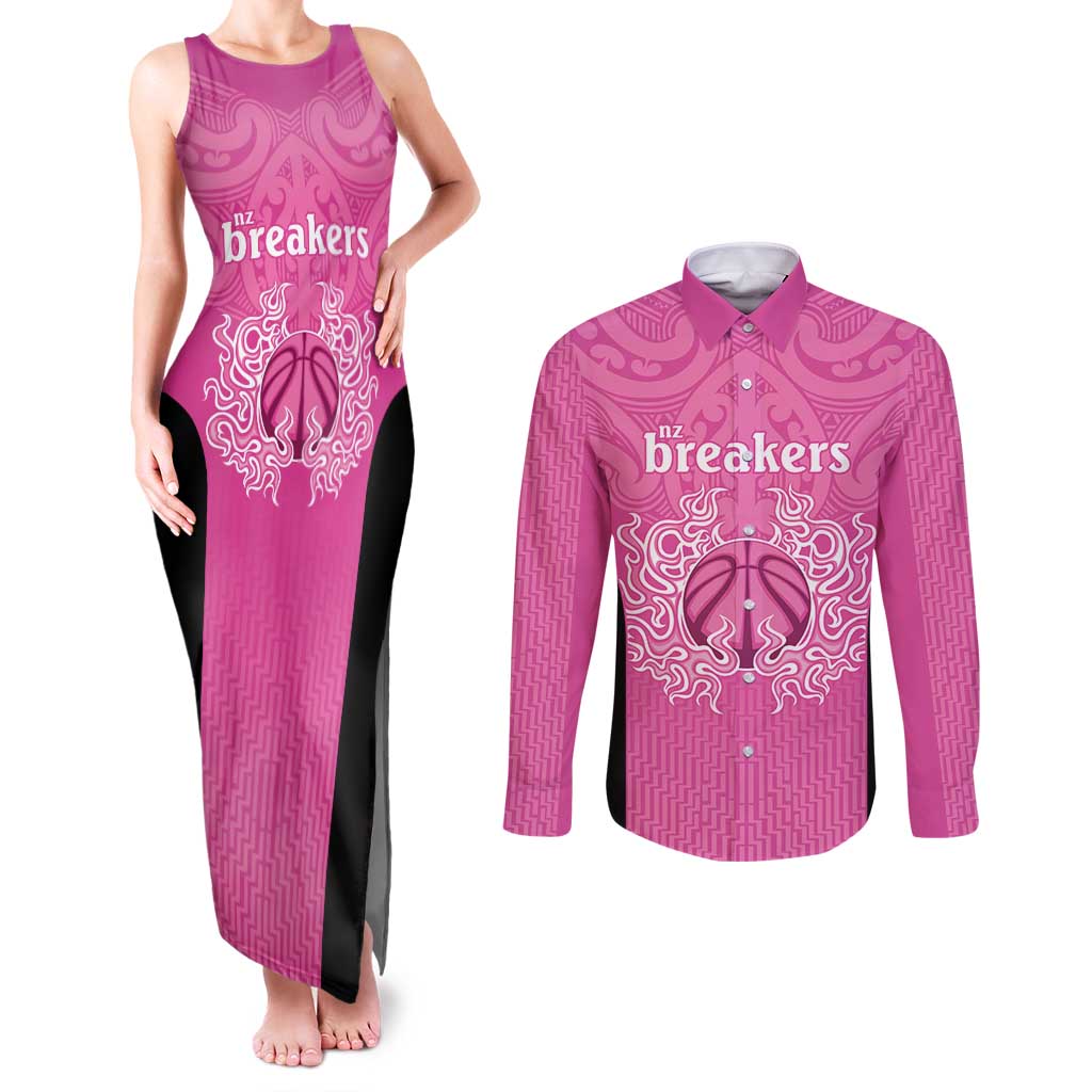 New Zealand Custom Couples Matching Tank Maxi Dress and Long Sleeve Button Shirt Fire Basketball Maori Tribal Pink - Aussie Hoodie