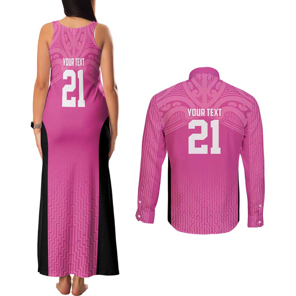 New Zealand Custom Couples Matching Tank Maxi Dress and Long Sleeve Button Shirt Fire Basketball Maori Tribal Pink - Aussie Hoodie