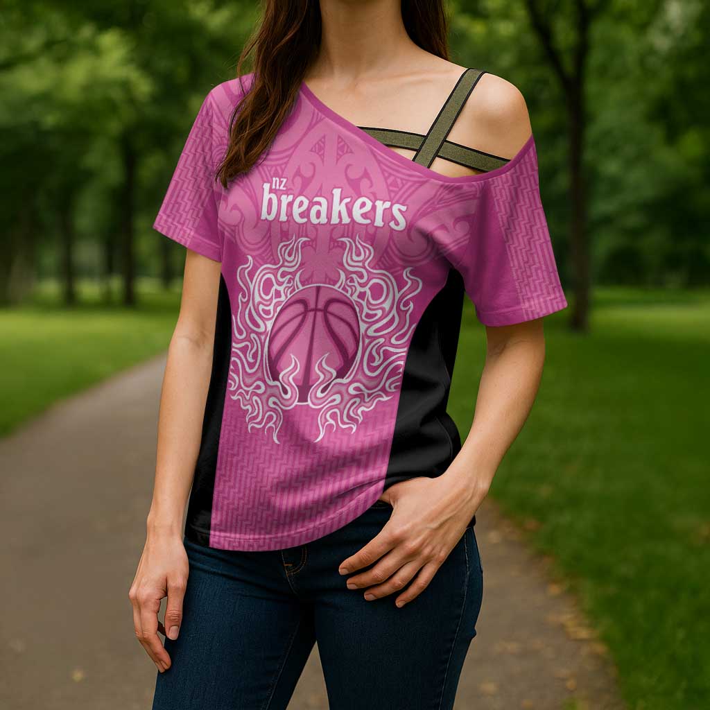 New Zealand Custom Cross Shoulder Shirt Fire Basketball Maori Tribal Pink - Aussie Hoodie