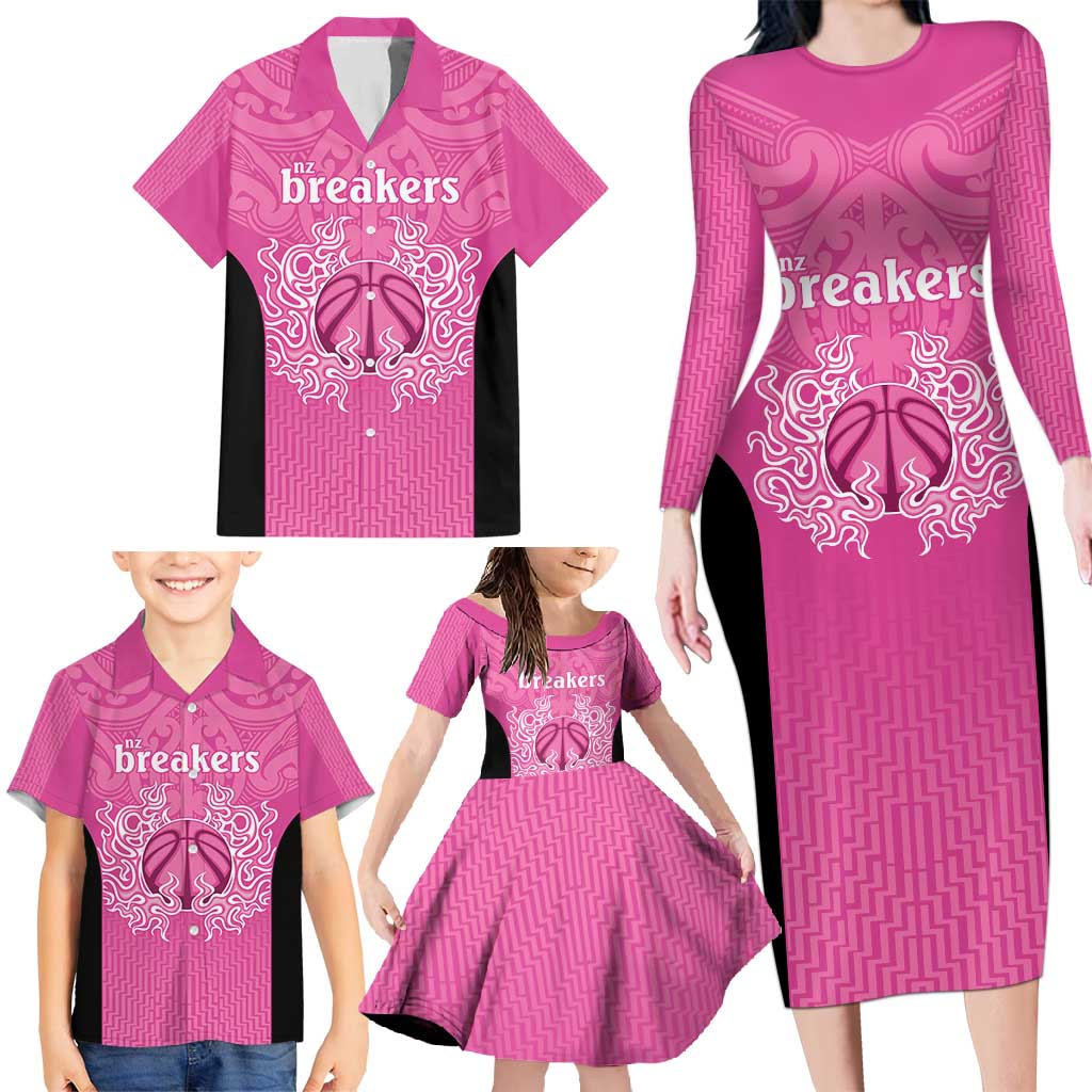 New Zealand Custom Family Matching Long Sleeve Bodycon Dress and Hawaiian Shirt Fire Basketball Maori Tribal Pink - Aussie Hoodie