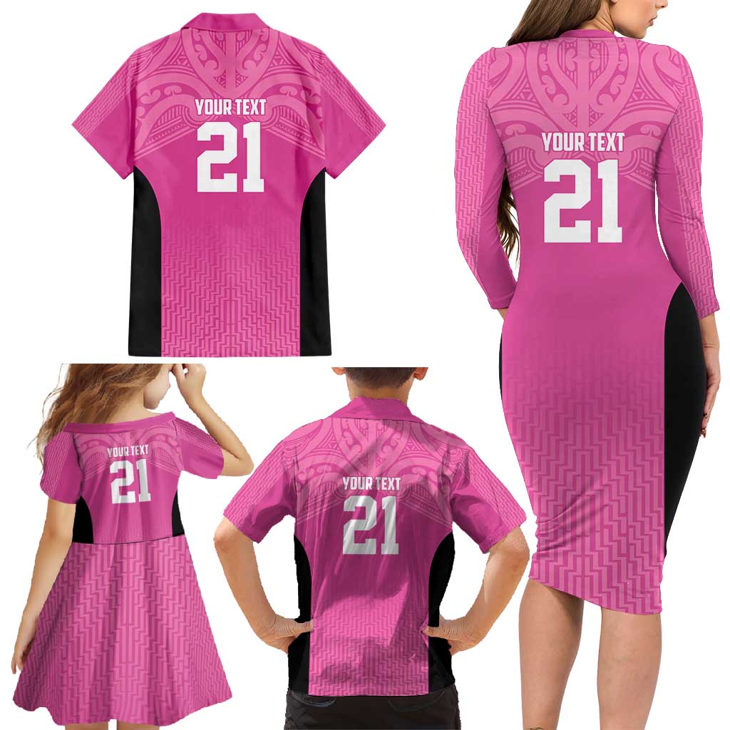 New Zealand Custom Family Matching Long Sleeve Bodycon Dress and Hawaiian Shirt Fire Basketball Maori Tribal Pink - Aussie Hoodie