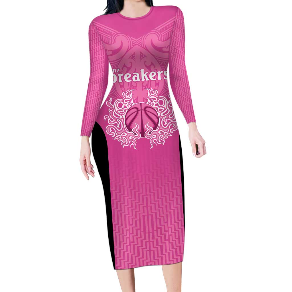 New Zealand Custom Family Matching Long Sleeve Bodycon Dress and Hawaiian Shirt Fire Basketball Maori Tribal Pink - Aussie Hoodie