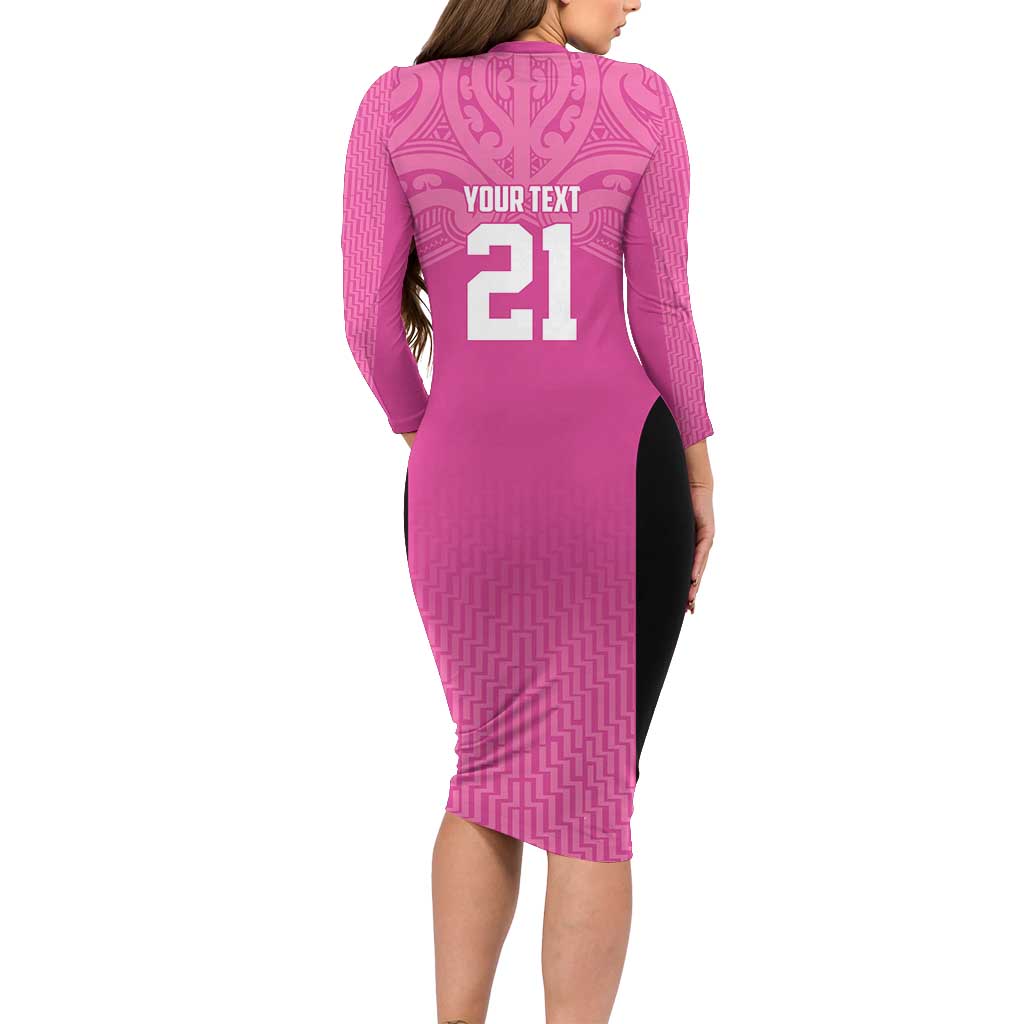 New Zealand Custom Family Matching Long Sleeve Bodycon Dress and Hawaiian Shirt Fire Basketball Maori Tribal Pink - Aussie Hoodie