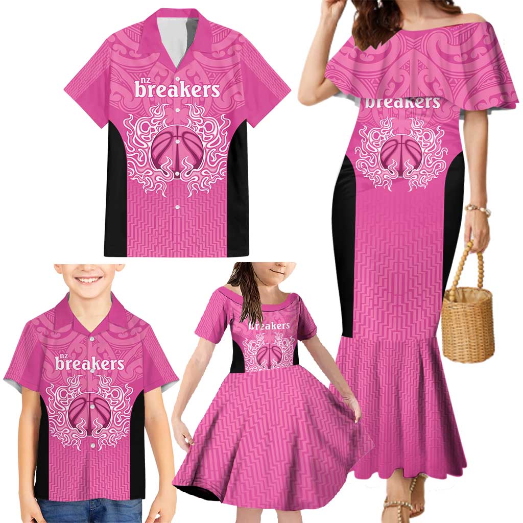 New Zealand Custom Family Matching Mermaid Dress and Hawaiian Shirt Fire Basketball Maori Tribal Pink - Aussie Hoodie
