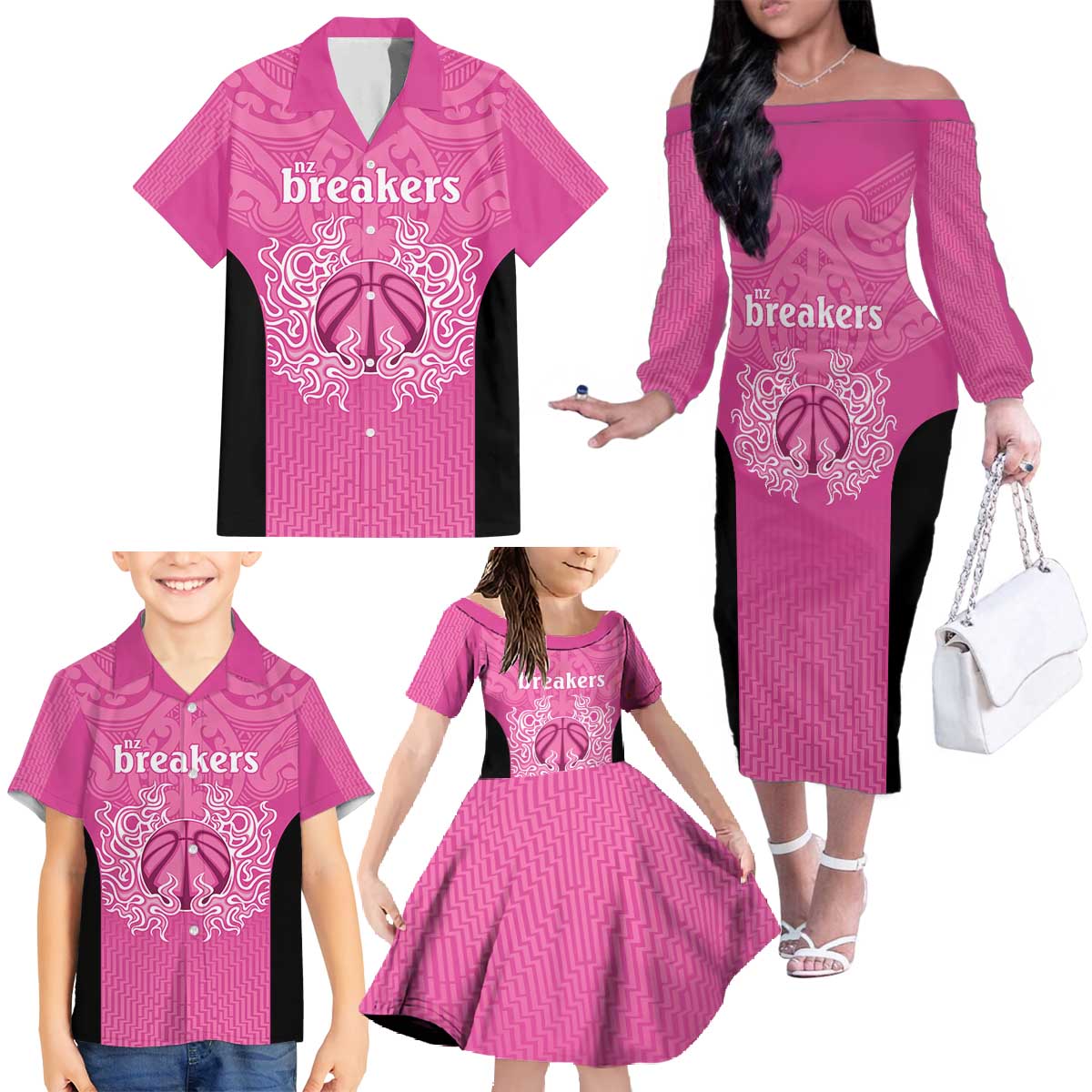 New Zealand Custom Family Matching Off The Shoulder Long Sleeve Dress and Hawaiian Shirt Fire Basketball Maori Tribal Pink - Aussie Hoodie