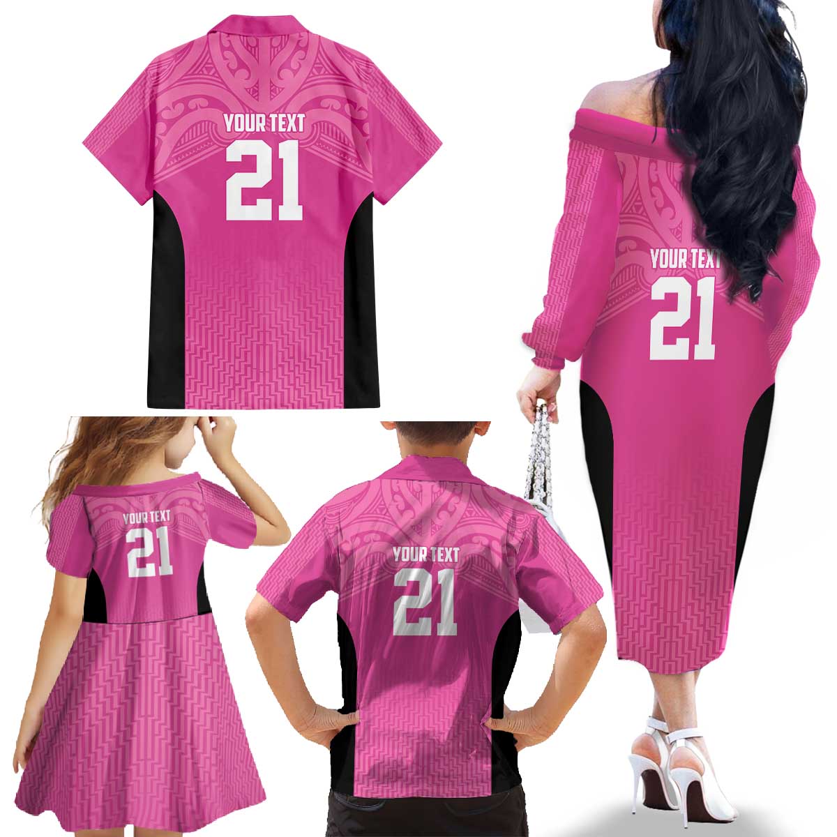 New Zealand Custom Family Matching Off The Shoulder Long Sleeve Dress and Hawaiian Shirt Fire Basketball Maori Tribal Pink - Aussie Hoodie