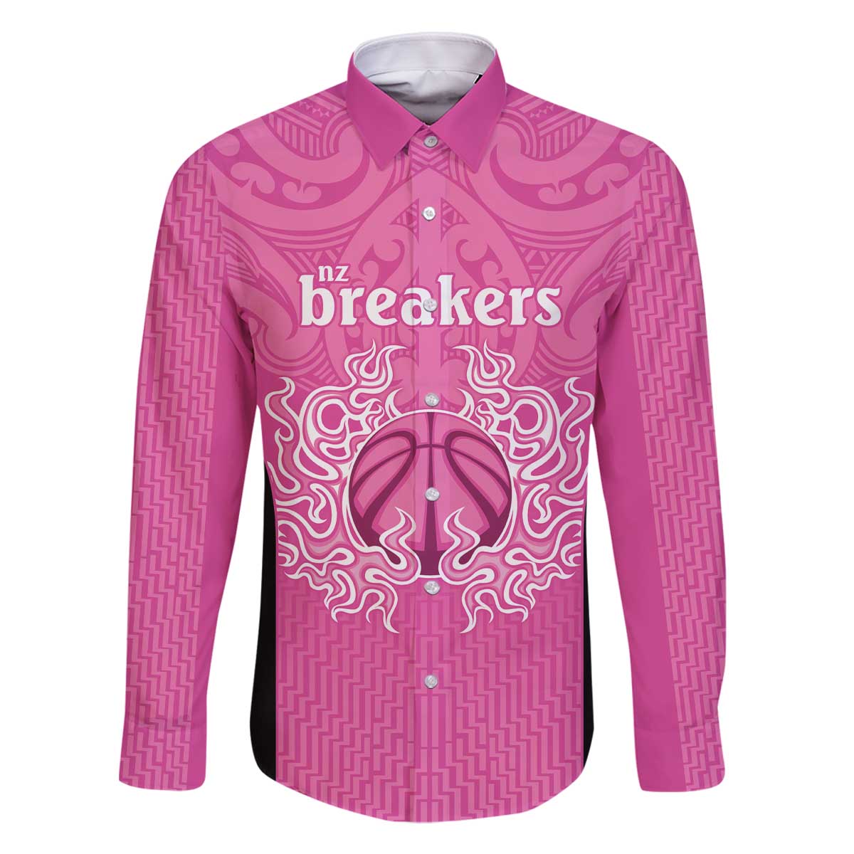 New Zealand Custom Family Matching Off The Shoulder Long Sleeve Dress and Hawaiian Shirt Fire Basketball Maori Tribal Pink - Aussie Hoodie