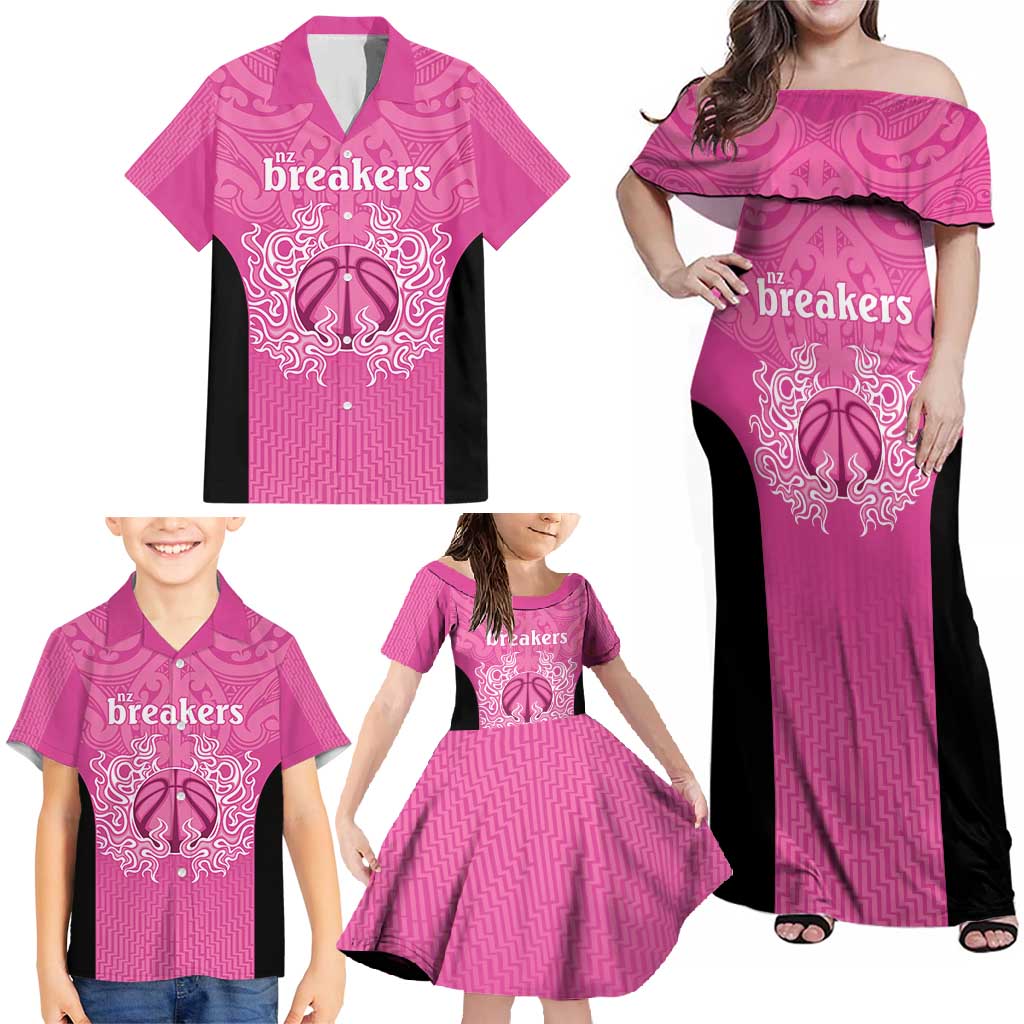 New Zealand Custom Family Matching Off Shoulder Maxi Dress and Hawaiian Shirt Fire Basketball Maori Tribal Pink - Aussie Hoodie