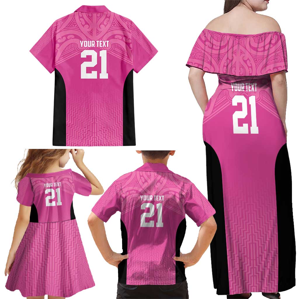 New Zealand Custom Family Matching Off Shoulder Maxi Dress and Hawaiian Shirt Fire Basketball Maori Tribal Pink - Aussie Hoodie