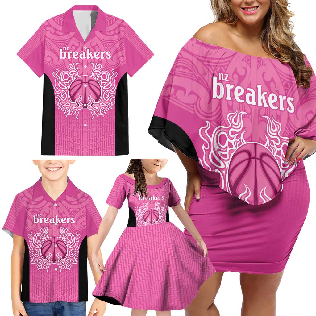 New Zealand Custom Family Matching Off Shoulder Short Dress and Hawaiian Shirt Fire Basketball Maori Tribal Pink - Aussie Hoodie