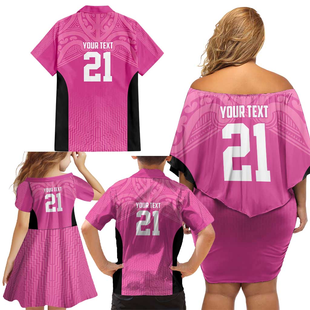 New Zealand Custom Family Matching Off Shoulder Short Dress and Hawaiian Shirt Fire Basketball Maori Tribal Pink - Aussie Hoodie