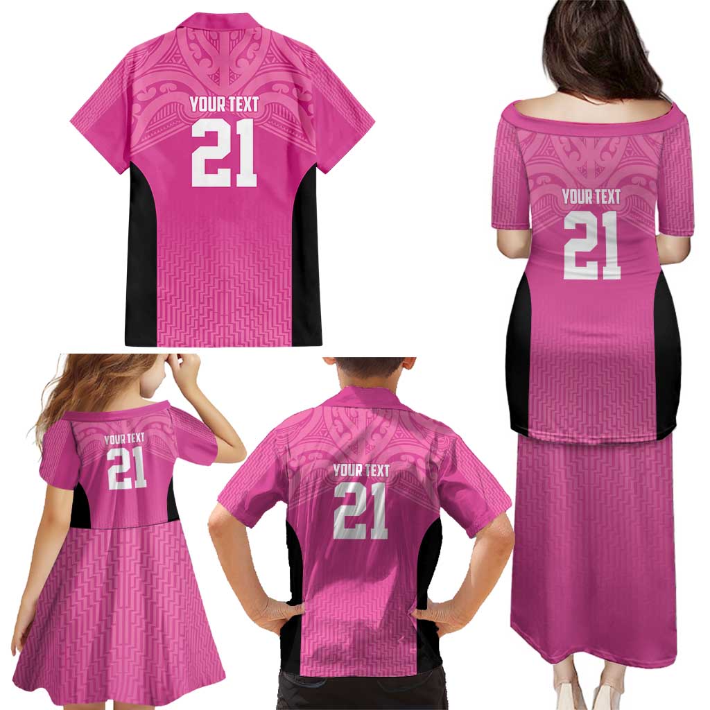 New Zealand Custom Family Matching Puletasi and Hawaiian Shirt Fire Basketball Maori Tribal Pink - Aussie Hoodie