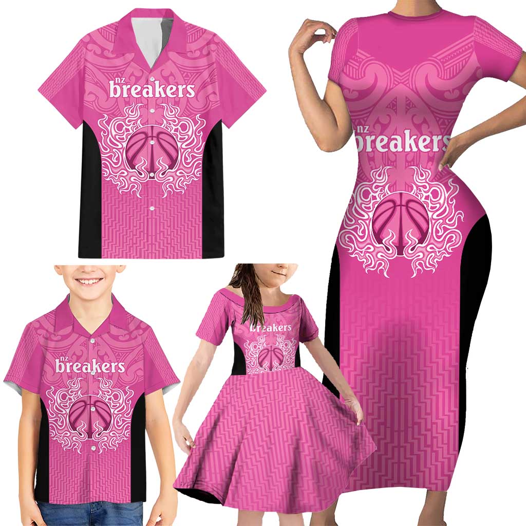 New Zealand Custom Family Matching Short Sleeve Bodycon Dress and Hawaiian Shirt Fire Basketball Maori Tribal Pink - Aussie Hoodie