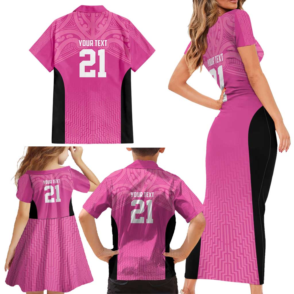 New Zealand Custom Family Matching Short Sleeve Bodycon Dress and Hawaiian Shirt Fire Basketball Maori Tribal Pink - Aussie Hoodie