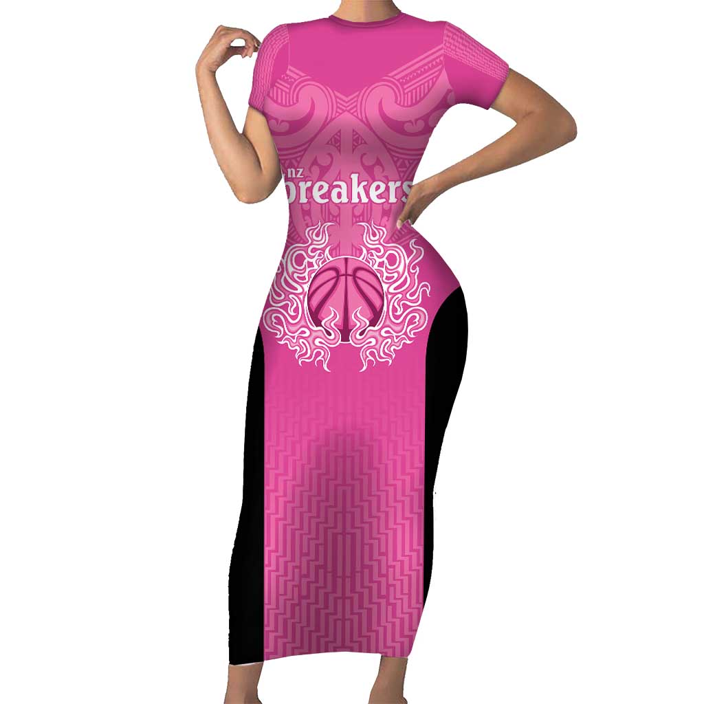 New Zealand Custom Family Matching Short Sleeve Bodycon Dress and Hawaiian Shirt Fire Basketball Maori Tribal Pink - Aussie Hoodie