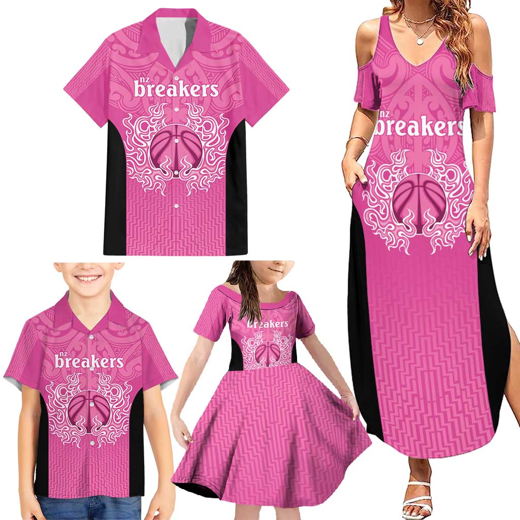 New Zealand Custom Family Matching Summer Maxi Dress and Hawaiian Shirt Fire Basketball Maori Tribal Pink - Aussie Hoodie