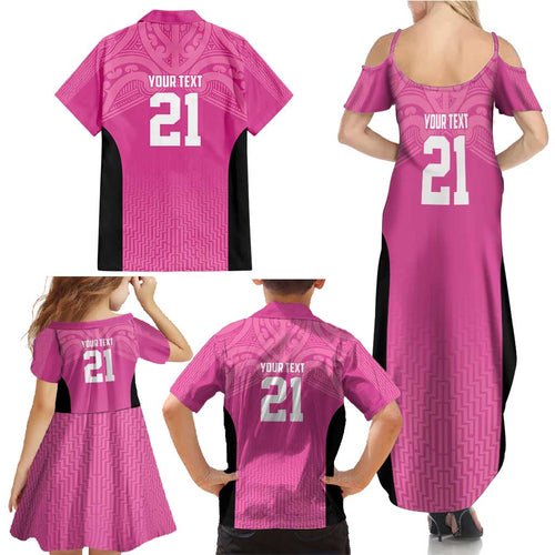 New Zealand Custom Family Matching Summer Maxi Dress and Hawaiian Shirt Fire Basketball Maori Tribal Pink - Aussie Hoodie