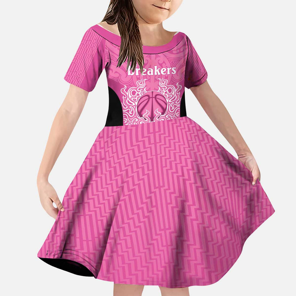 New Zealand Custom Kid Short Sleeve Dress Fire Basketball Maori Tribal Pink - Aussie Hoodie