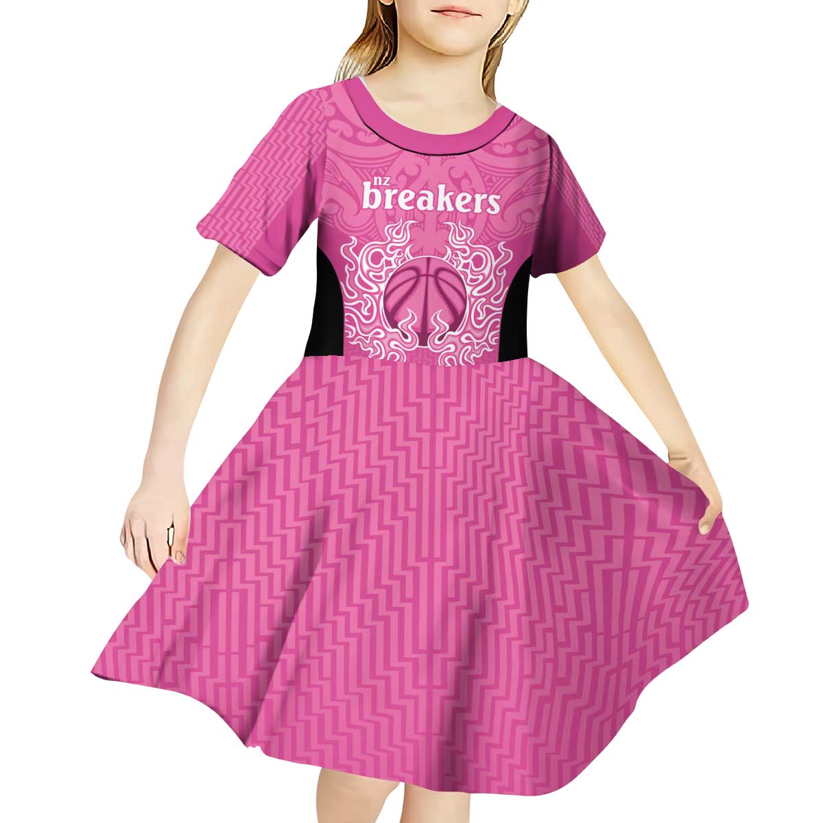 New Zealand Custom Kid Short Sleeve Dress Fire Basketball Maori Tribal Pink - Aussie Hoodie