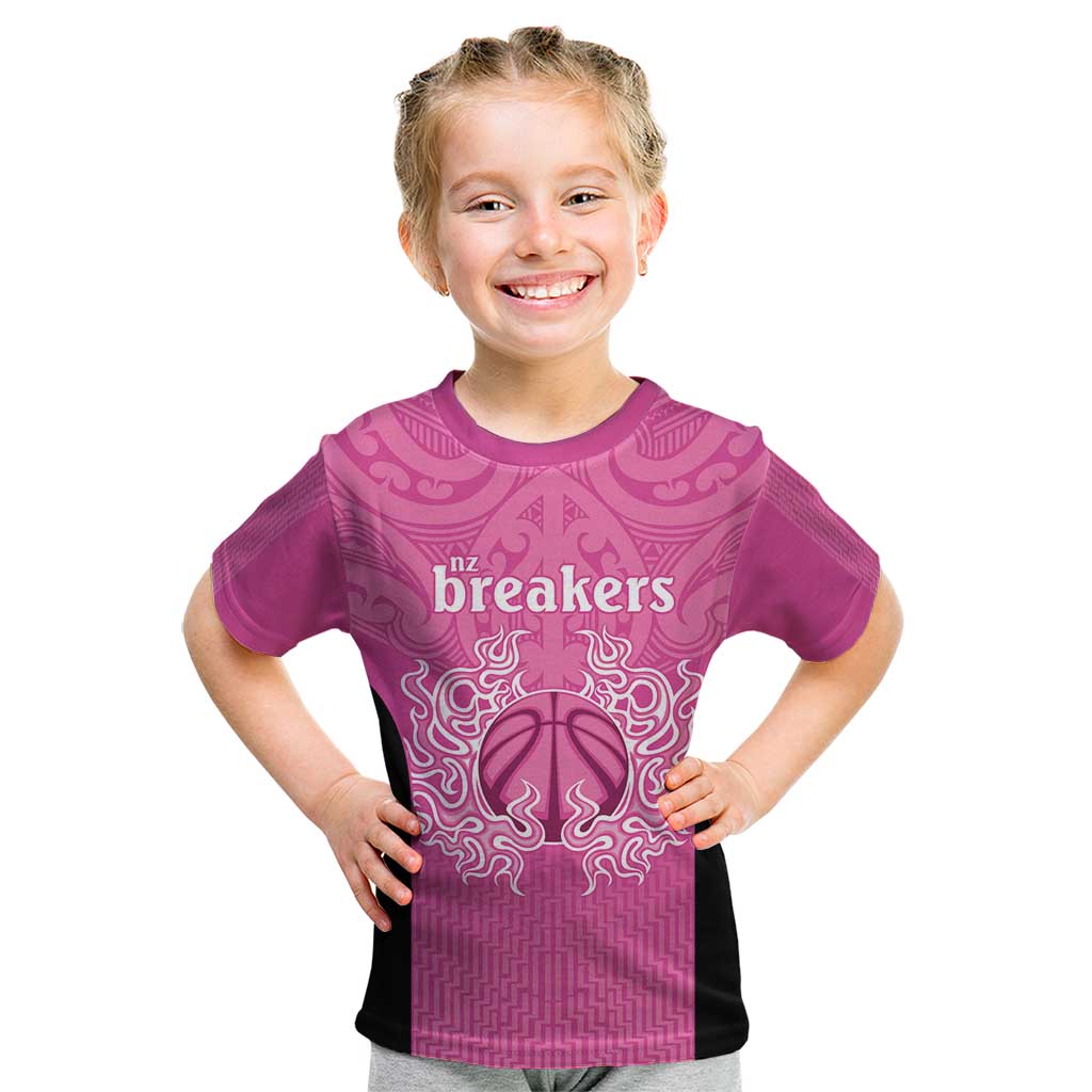 New Zealand Custom Kid T Shirt Fire Basketball Maori Tribal Pink - Aussie Hoodie