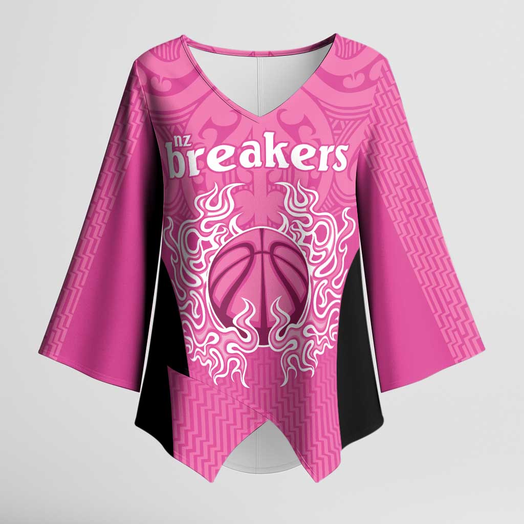 New Zealand Custom Kimono Sleeve Blouse Fire Basketball Maori Tribal Pink - Aussie Hoodie