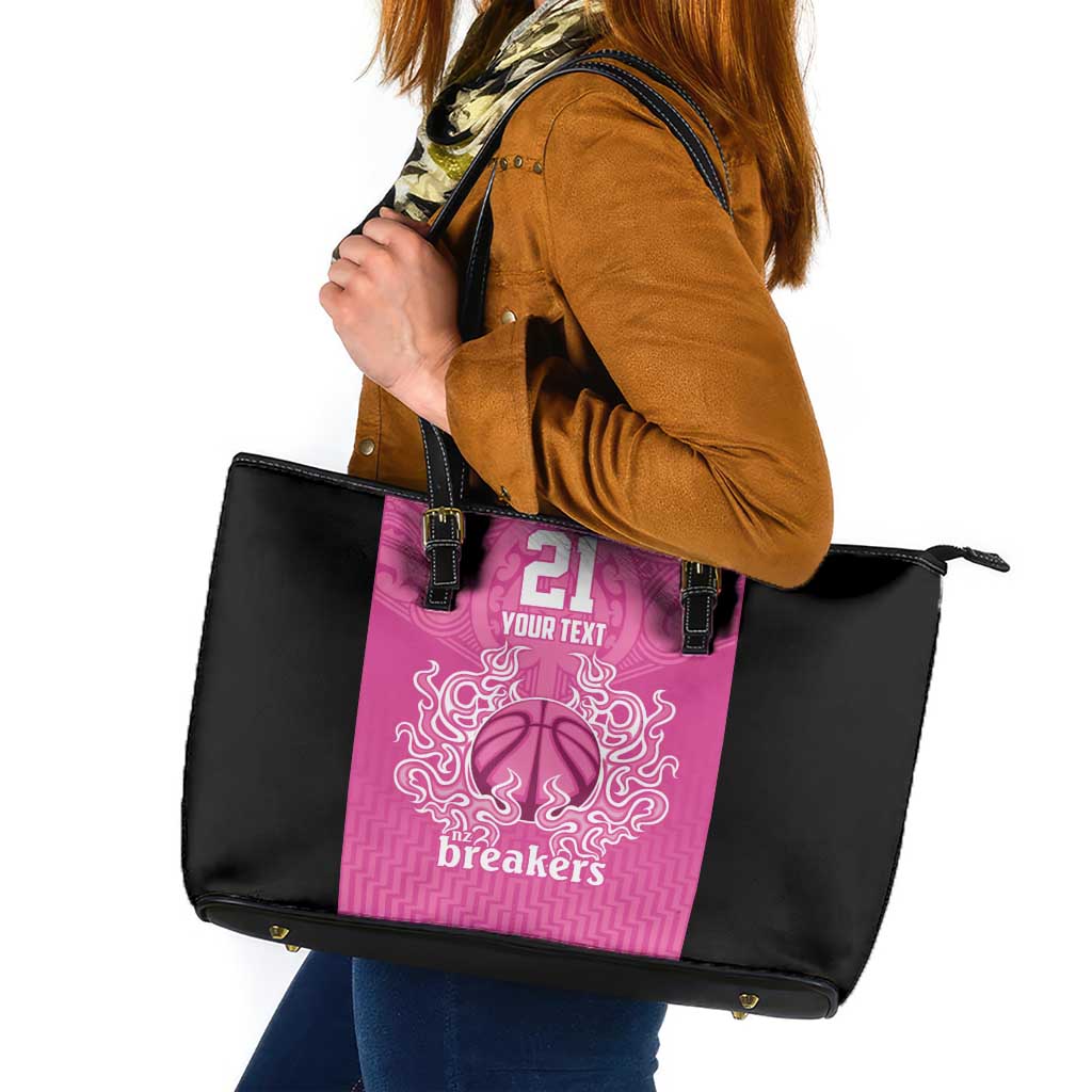 New Zealand Custom Leather Tote Bag Fire Basketball Maori Tribal Pink - Aussie Hoodie