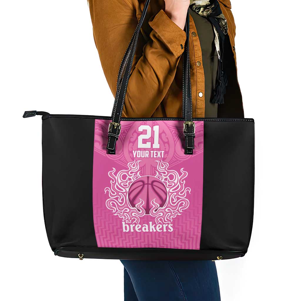 New Zealand Custom Leather Tote Bag Fire Basketball Maori Tribal Pink - Aussie Hoodie