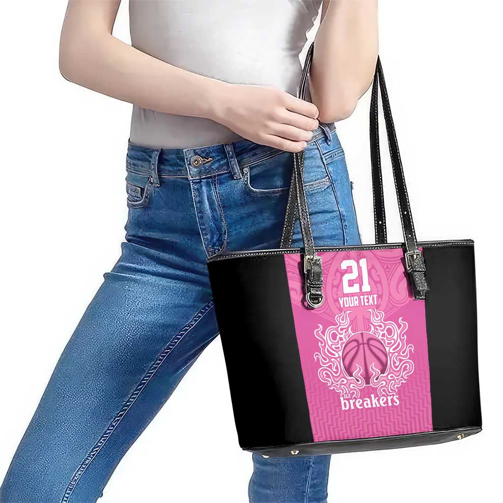 New Zealand Custom Leather Tote Bag Fire Basketball Maori Tribal Pink - Aussie Hoodie