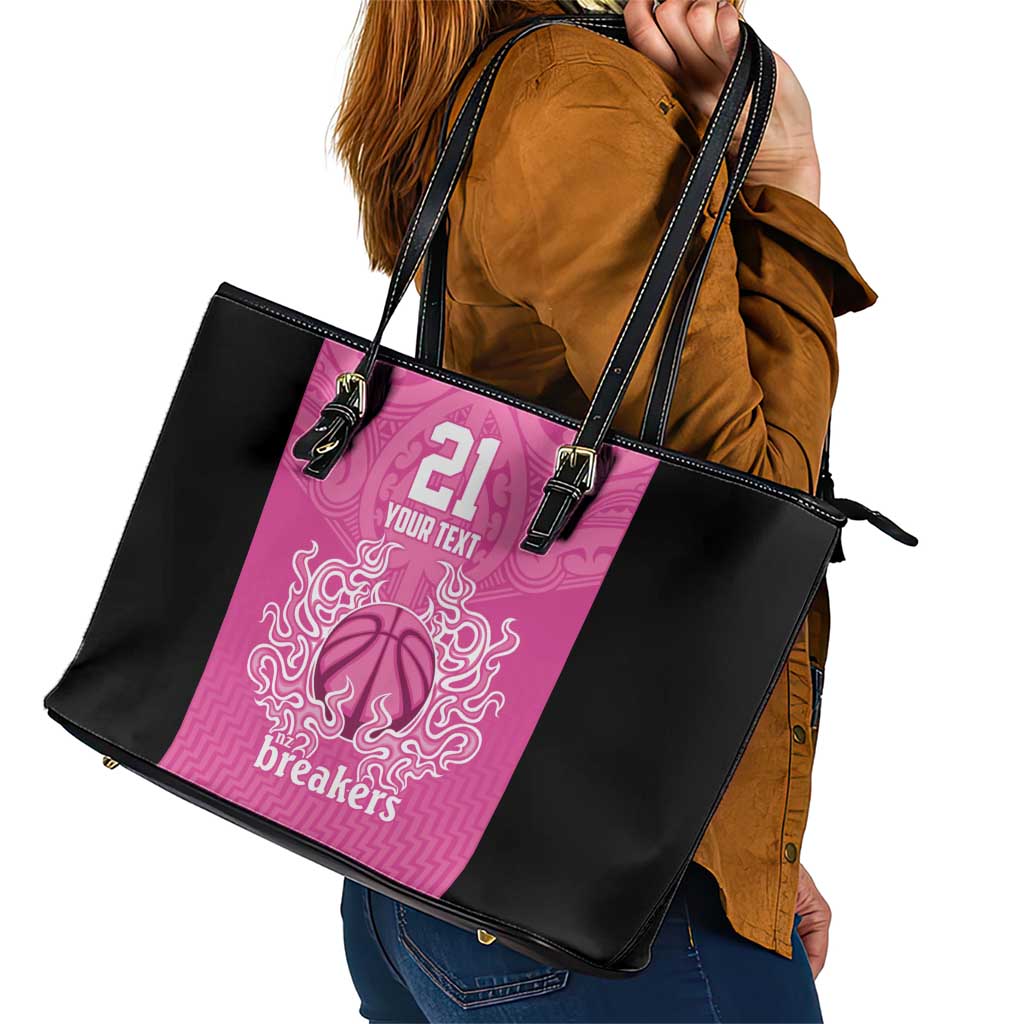 New Zealand Custom Leather Tote Bag Fire Basketball Maori Tribal Pink - Aussie Hoodie