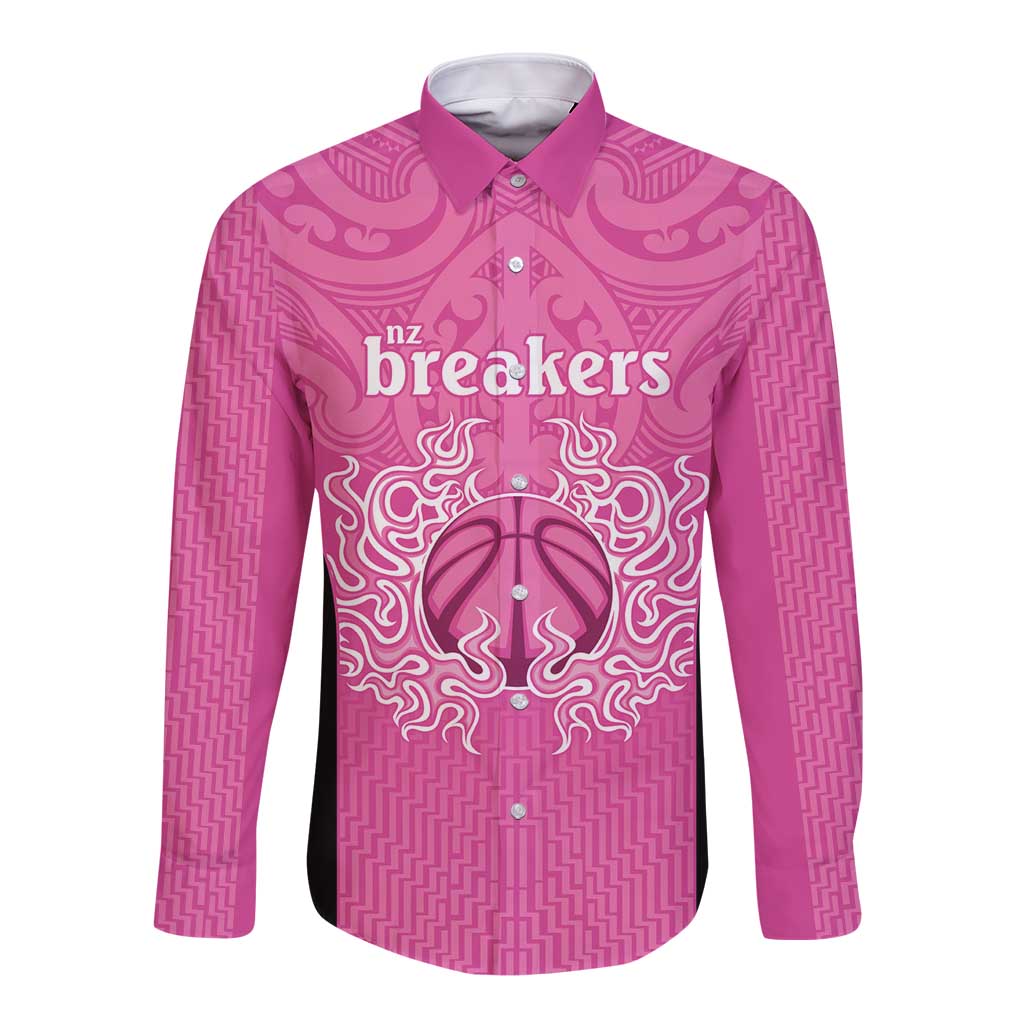 New Zealand Custom Long Sleeve Button Shirt Fire Basketball Maori Tribal Pink - Aussie Hoodie