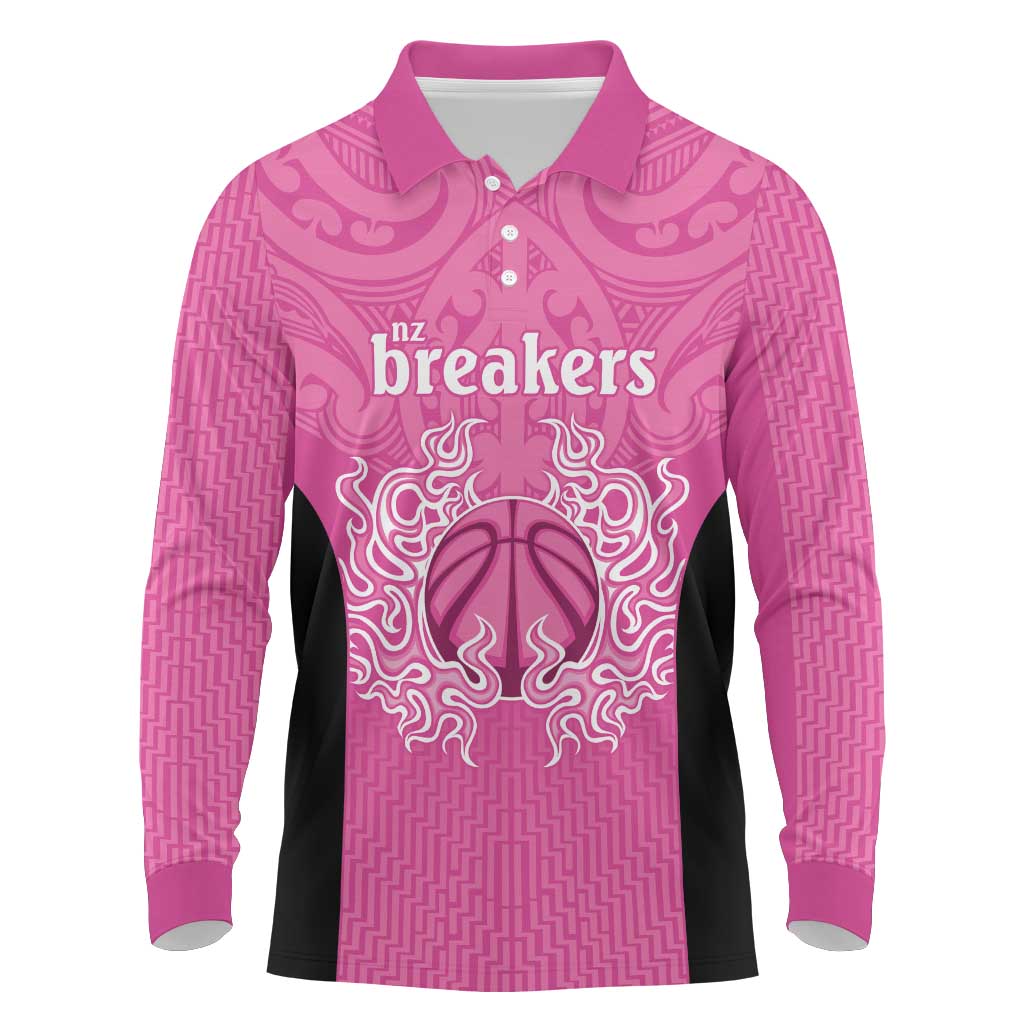 New Zealand Custom Long Sleeve Polo Shirt Fire Basketball Maori Tribal Pink - Aussie Hoodie