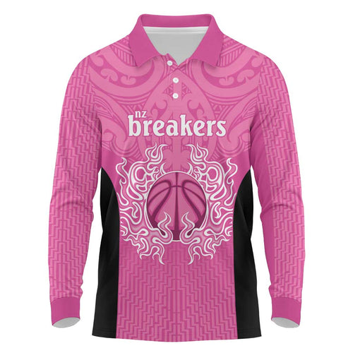 New Zealand Custom Long Sleeve Polo Shirt Fire Basketball Maori Tribal Pink - Aussie Hoodie